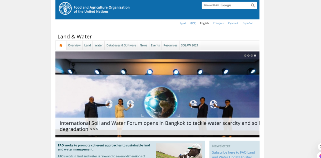 Showing Website's Home Screen of https://www.fao.org/land-water/home/en/