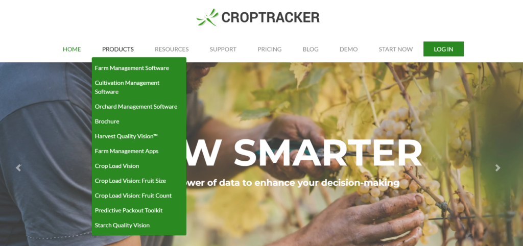 Showing the Products section and service overview of Croptracker.com