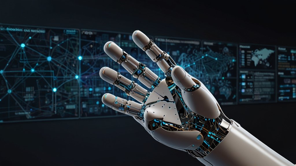 A conceptual visualization of AI-driven GIS automation, with interconnected geospatial datasets, neural networks, and automated decision-making workflows. A robotic hand interacting with a digital geospatial interface.