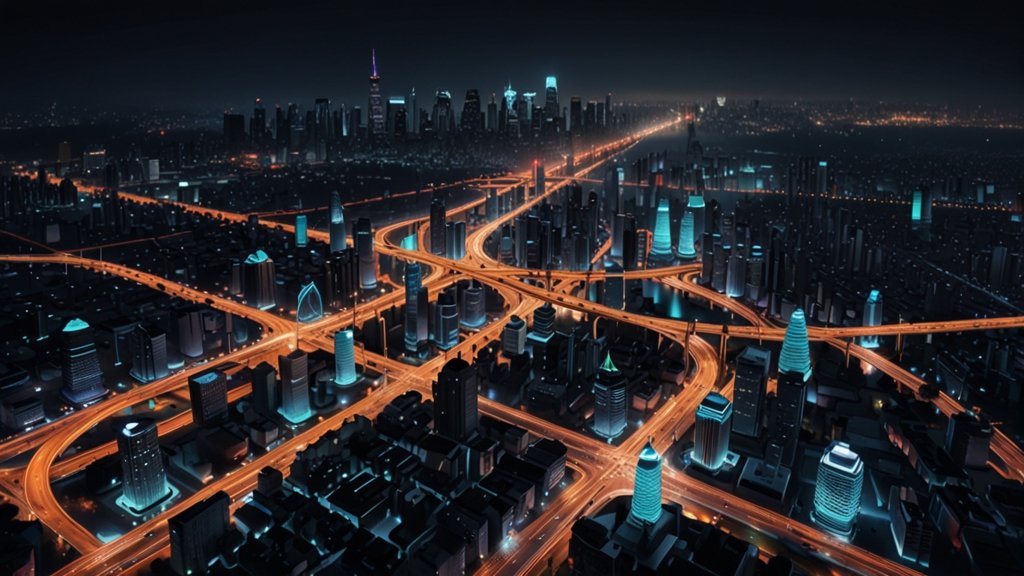 A futuristic smart city visualization with AI-powered traffic lights, predictive maintenance analytics, and real-time geospatial monitoring.