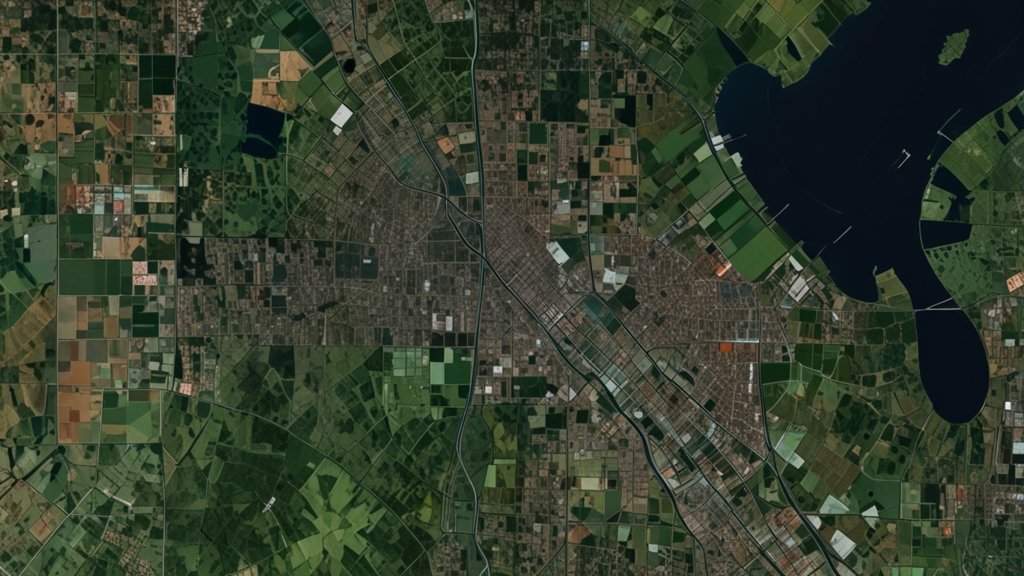 A high-resolution satellite image processed with AI-driven land-use classification, featuring urban development predictions and deforestation tracking.