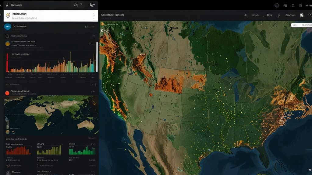 A high-tech GIS dashboard integrating AI-powered land classification, satellite image processing, and real-time environmental monitoring overlays.