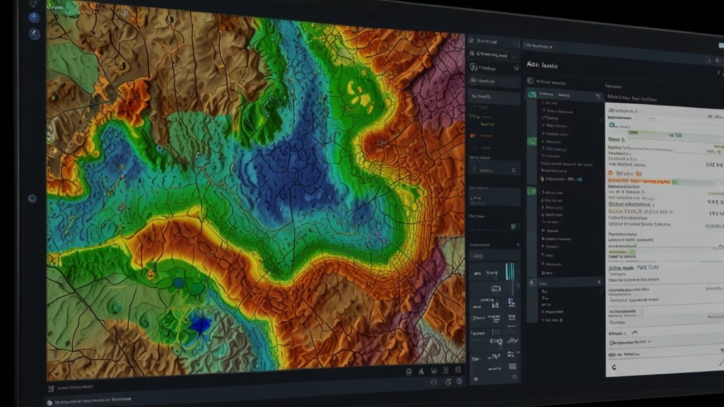 An AI-driven GIS mapping software generating topographic maps, land-use zones, and environmental impact assessments. The screen shows layers of geospatial data processing in real time.