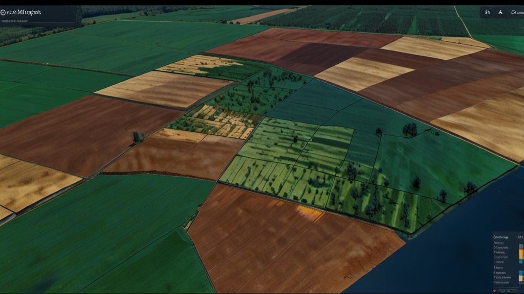 An AI-powered GIS interface analyzing soil moisture, crop health, and pest risks using satellite imagery and predictive AI models.