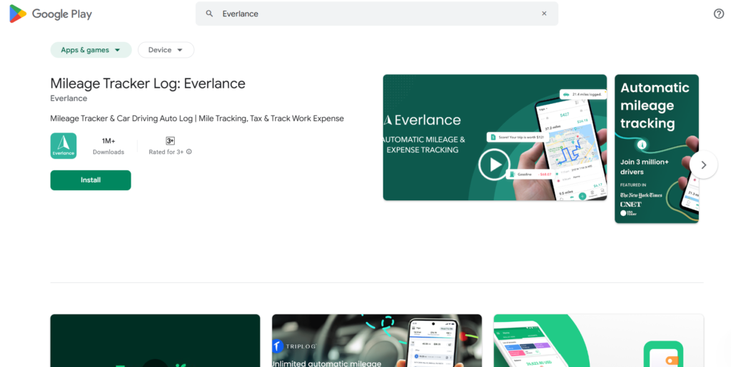 Screenshot of Everlance app interface of Google Play Store