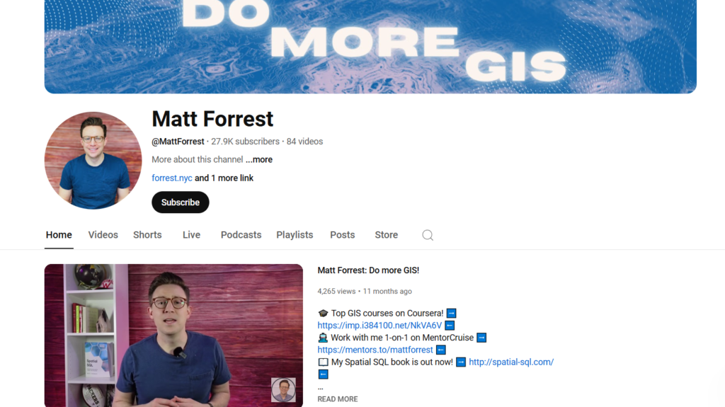 Home tab of "Matt Forrest" Youtube channel