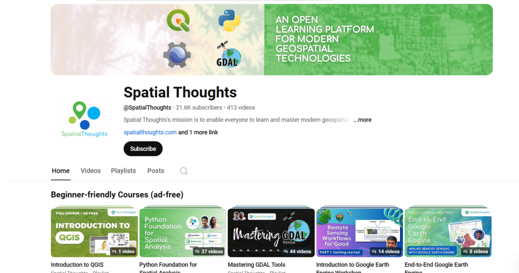 Home tab of "Spatial Thoughts" Youtube channel