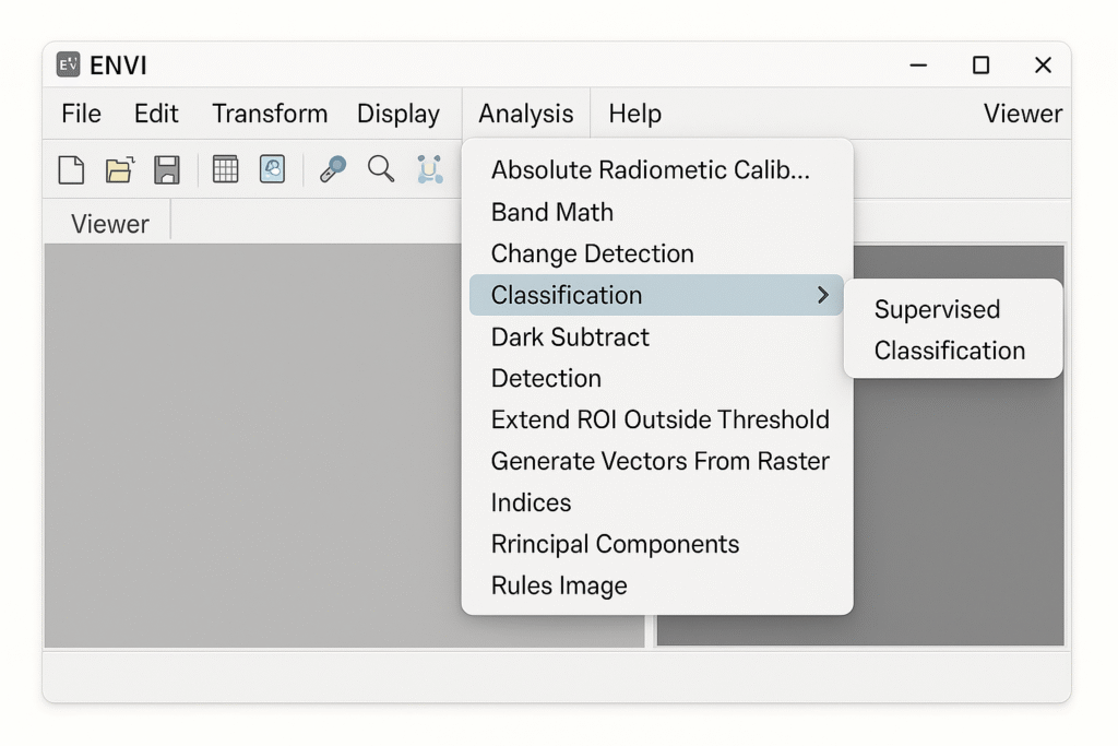 Screenshot of the ENVI menu or toolbox showing how to access “Unsupervised Classification.”