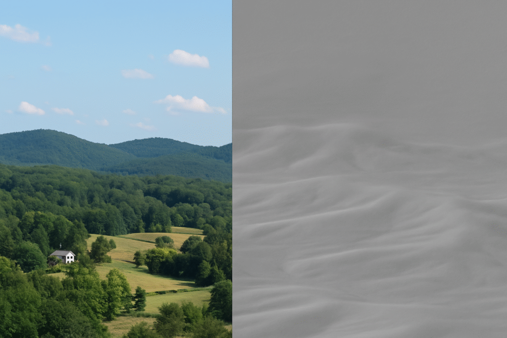 Comparison showing a real landscape with features and a bare-earth Digital Elevation Model (DEM) of the same area.
