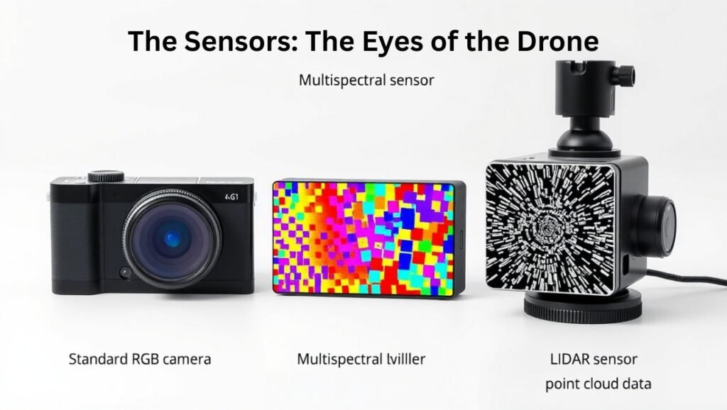 Comparison of drone sensors: RGB camera, multispectral sensor, and LiDAR unit.